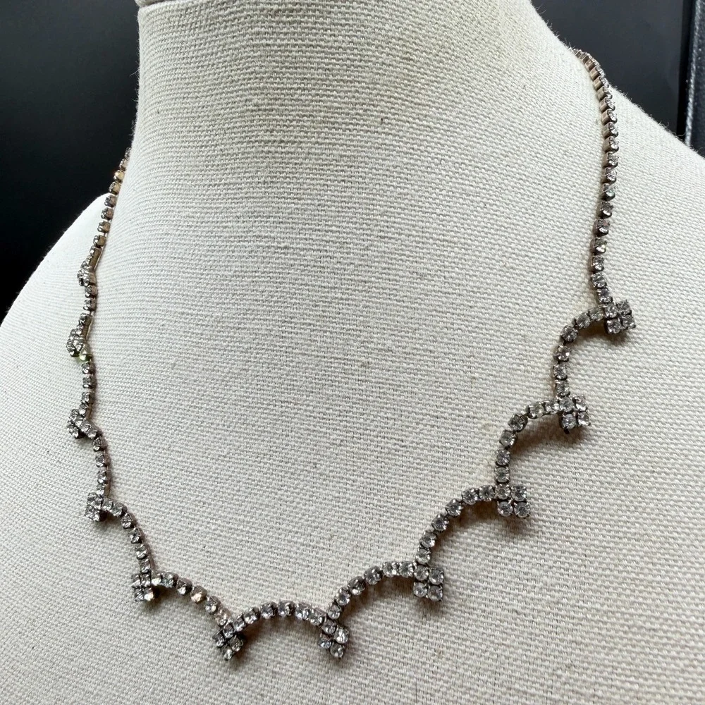 Clear Rhinestone Scalloped Choker Necklace Silver Tone Bridal Wedding Statement